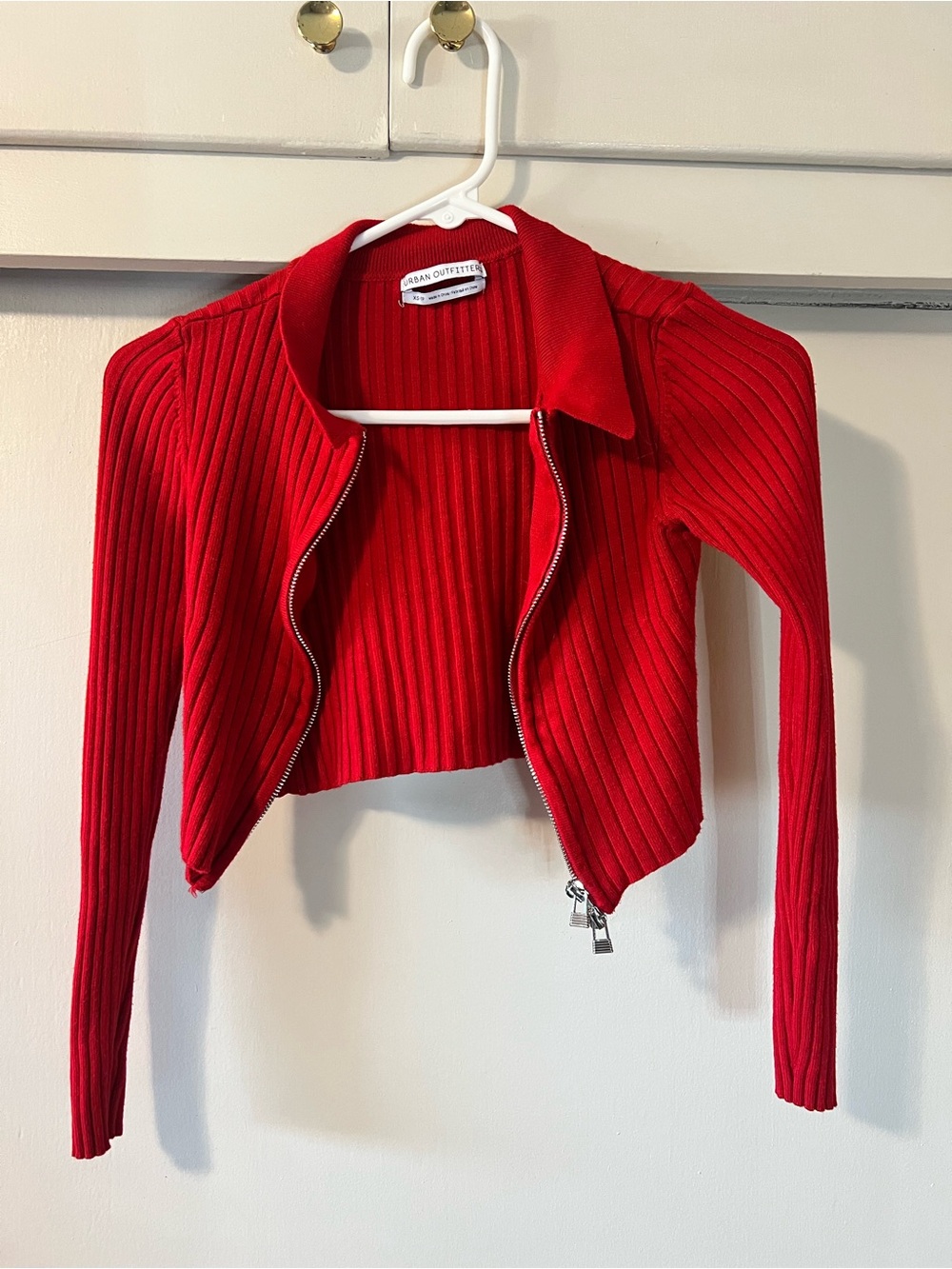 Urban Outfitters Vibrant Red Ribbed Zip Cropped Cardigan